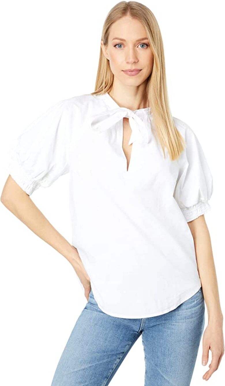 NWT Bishop + Young White Short Smocked Sleeve Tie Neck Harper Top Womens Size XS
